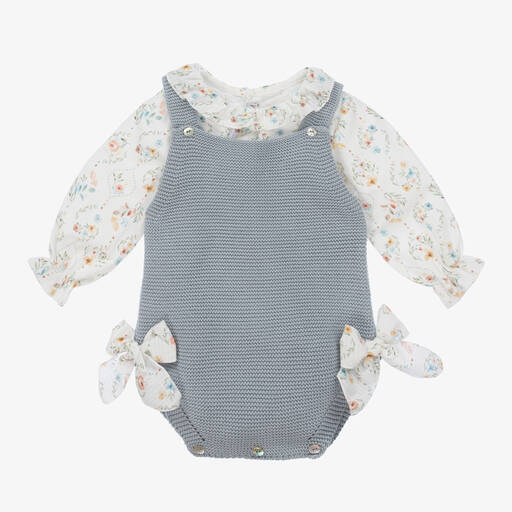 Mebi-Baby Girls Blue Cotton Knit Shortie Set | Childrensalon