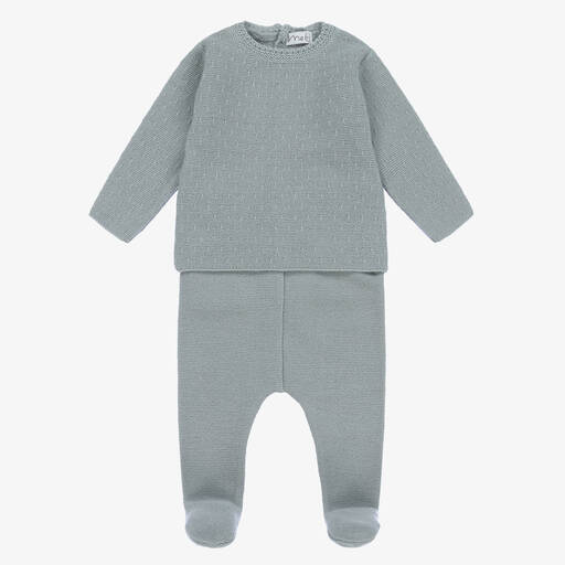 Mebi-Blue Knitted Cotton 2 Piece Babygrow | Childrensalon
