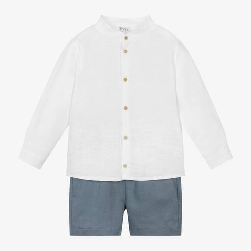 Mebi-Boys White Cotton & Linen Shorts Set | Childrensalon