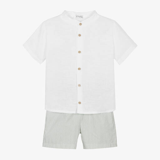 Mebi-Белая рубашка и шорты в зеленую полоску для мальчиков | Childrensalon