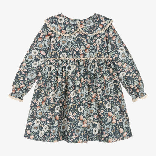 Mebi-Girls Blue Cotton Floral Dress | Childrensalon