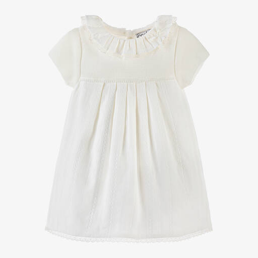 Mebi-Girls Ivory Cotton Frill Collar Dress | Childrensalon
