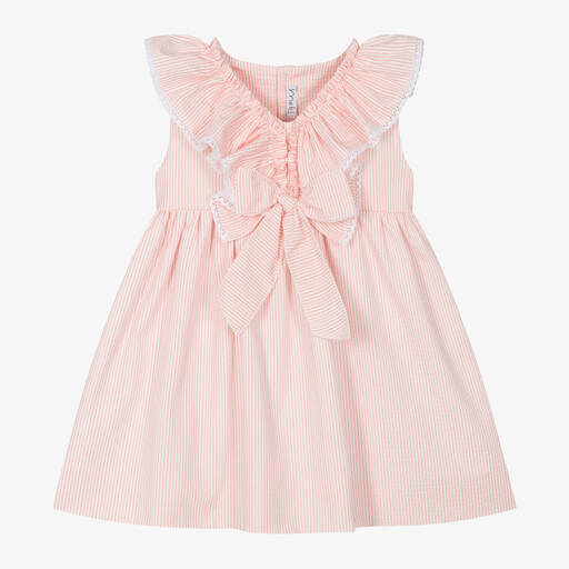 Mebi-Girls Pink Striped Cotton Ruffle Dress | Childrensalon