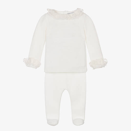 Mebi-Ivory Knitted Cotton 2 Piece Babygrow | Childrensalon