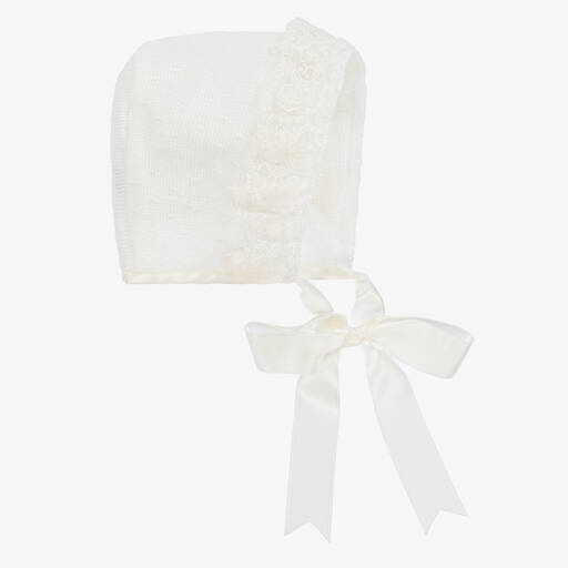 Mebi-Ivory Knitted Cotton Lace Baby Bonnet | Childrensalon