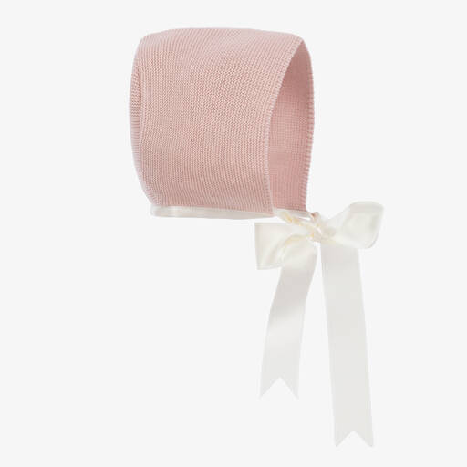 Mebi-Pink Knitted Cotton Baby Bonnet | Childrensalon