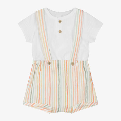 Mebi-White Striped Cotton Shorts Set | Childrensalon
