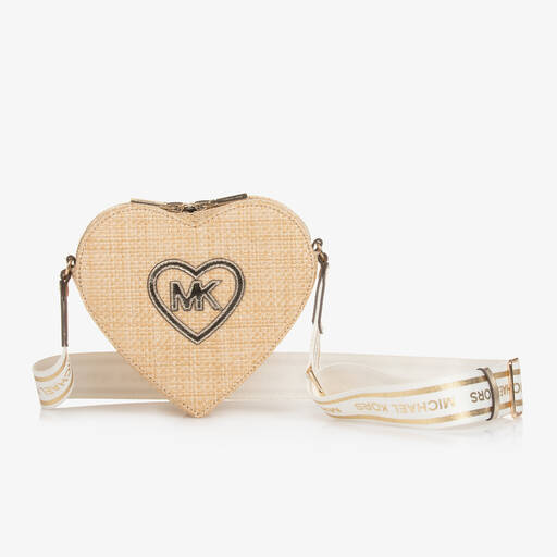 Michael Kors Kids-Girls Beige Straw Heart Shoulder Bag (18cm) | Childrensalon