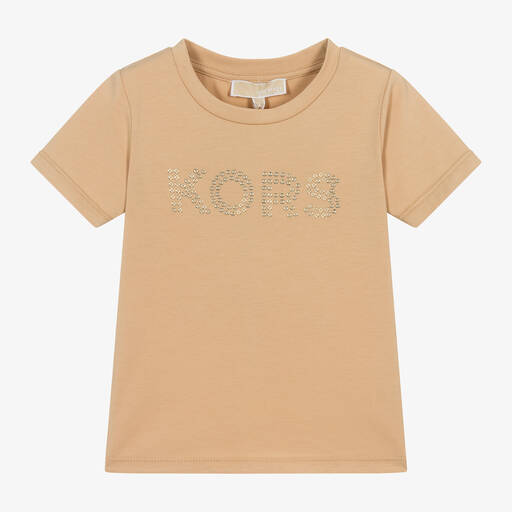 Michael Kors Kids-Girls Beige Studded Organic Cotton T-Shirt | Childrensalon