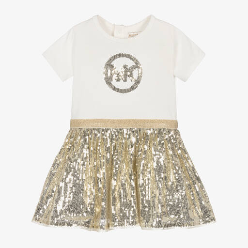 Michael Kors Kids-Girls Ivory Jersey & Gold Sequin Dress | Childrensalon