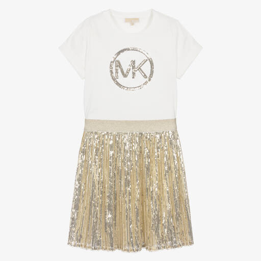 Michael Kors Kids-فستان قطن وتول لون ذهبي مزين بترتر للمراهقات | Childrensalon