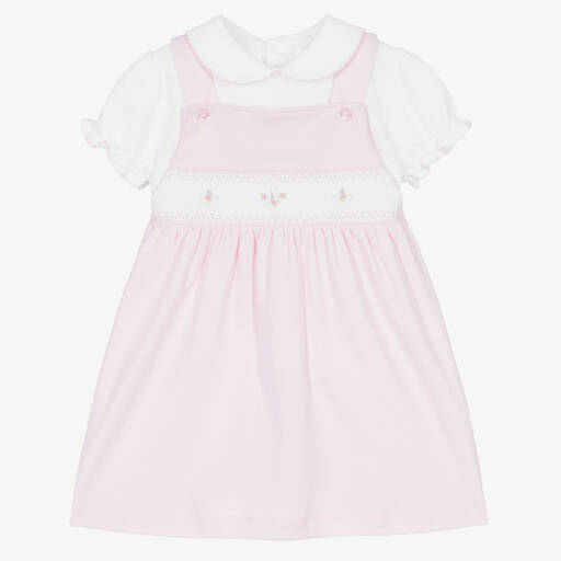 Mini-la-Mode-Розовое платье из хлопка пима с присборенной вышивкой  | Childrensalon