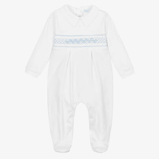 Mini-la-Mode-White Pima Cotton Smocked Babygrow | Childrensalon