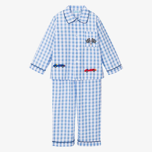 Mini Lunn-Boys Blue & White Cotton Car Pyjamas | Childrensalon
