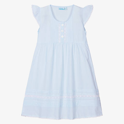 Mini Lunn-قميص قطن و دانتيل لون أزرق و أبيض | Childrensalon