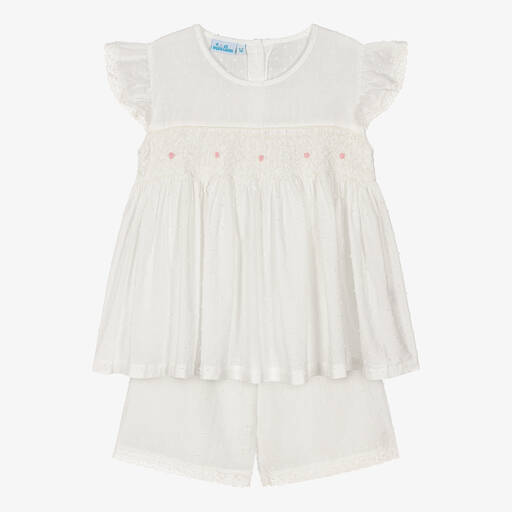 Mini Lunn-Girls Ivory Cotton Smocked Short Pyjamas | Childrensalon