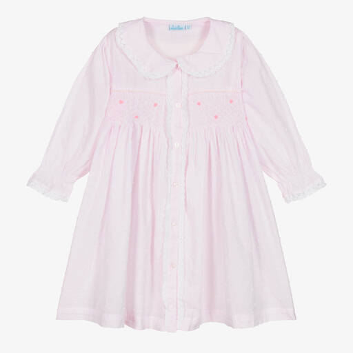 Mini Lunn-Girls Pink Cotton Smocked Dressing Gown  | Childrensalon