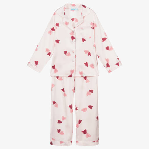Mini Lunn-Rosa Satin-Schlafanzug mit Herzen | Childrensalon