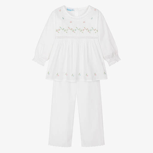 Mini Lunn-Girls White Cotton Embroidered Pyjamas | Childrensalon