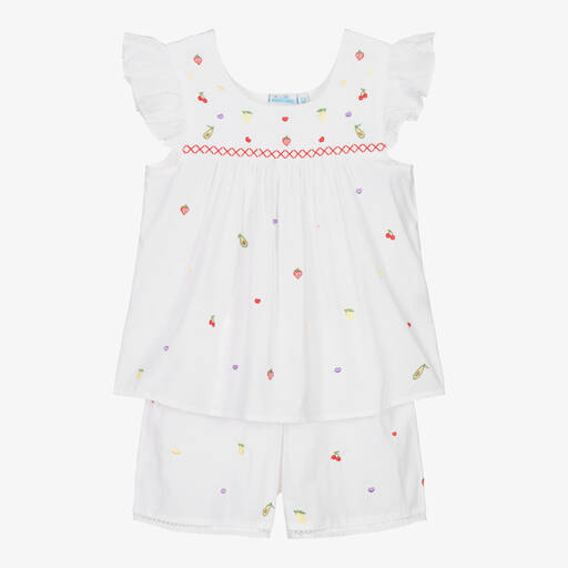 Mini Lunn-Pyjama short blanc brodé en coton fille | Childrensalon