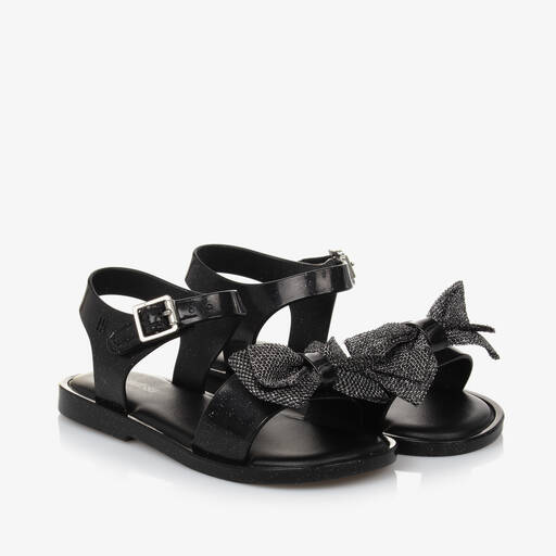 Mini Melissa-Girls Black Glitter Bow Jelly Sandals | Childrensalon