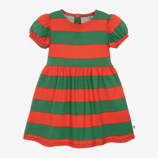 Mini Rodini-Girls Green & Red Striped Cotton Dress | Childrensalon