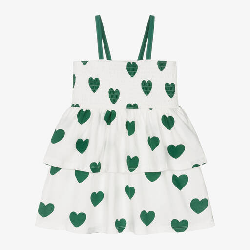 Mini Rodini-Girls White & Green Heart Print Cotton Dress | Childrensalon