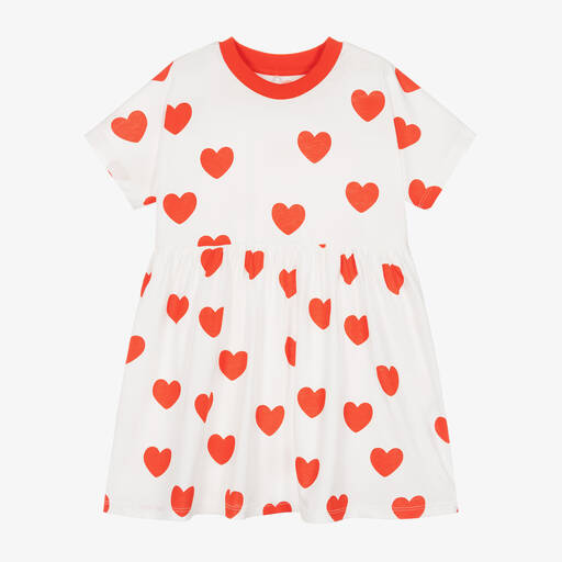 Mini Rodini-Girls White & Red Heart Print Cotton Dress | Childrensalon