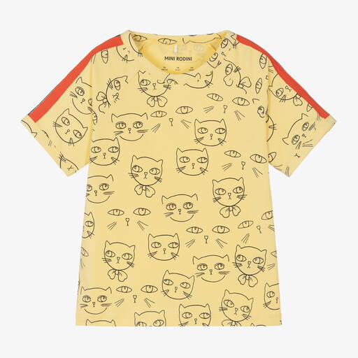 Mini Rodini-Girls Yellow Organic Cotton Cat T-Shirt | Childrensalon
