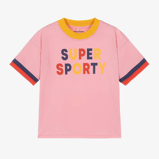 Mini Rodini-Pink Organic Cotton Sporty T-Shirt | Childrensalon