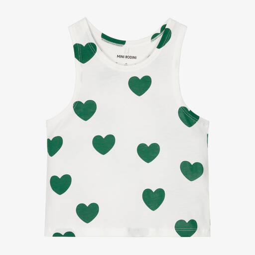 Mini Rodini-White & Green Heart Cotton Vest Top | Childrensalon
