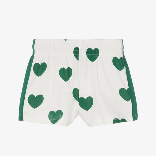 Mini Rodini-White & Green Heart Print Cotton Shorts | Childrensalon
