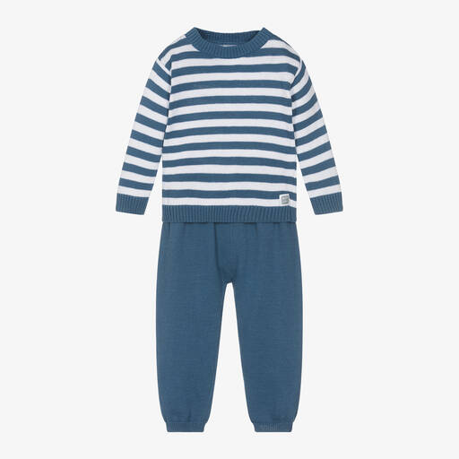 Minutus-Blue Stripe Cotton Knit Baby Trouser Set | Childrensalon