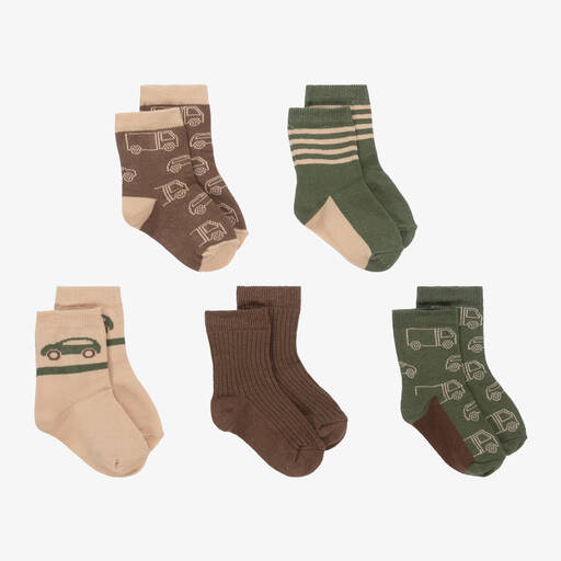 Minymo-Brown & Green Socks (5 Pack) | Childrensalon