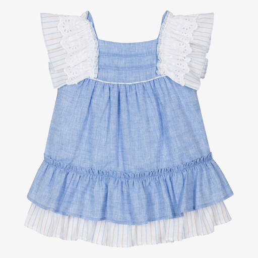 Miranda-Baby Girls Blue Linen Frill Dress | Childrensalon