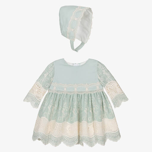 Miranda-طقم فستان أطفال بناتي قطن ودانتيل لون أخضر | Childrensalon
