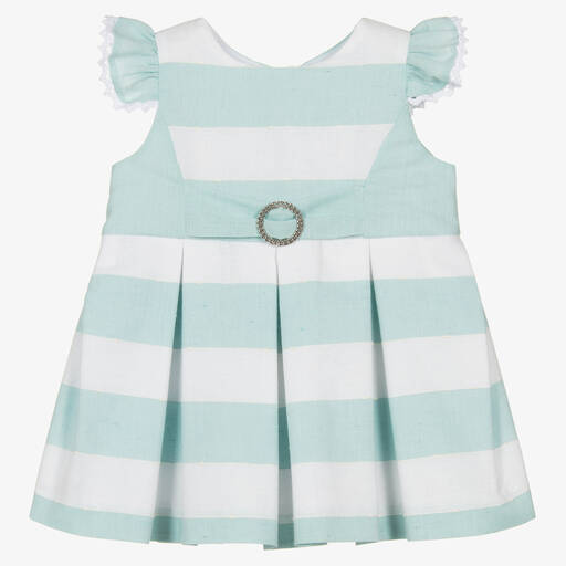 Miranda-Baby Girls Green & White Cotton Dress | Childrensalon