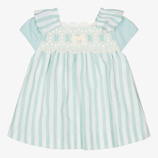 Miranda-Baby Girls Green & White Cotton Dress | Childrensalon