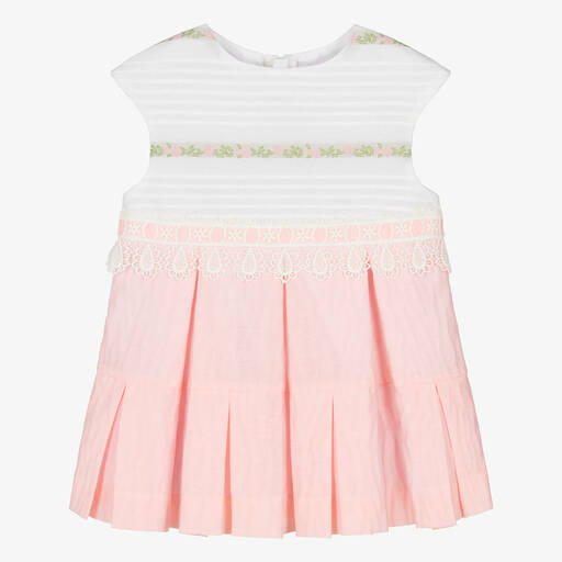 Miranda-Baby Girls Pink & White Cotton Dress | Childrensalon
