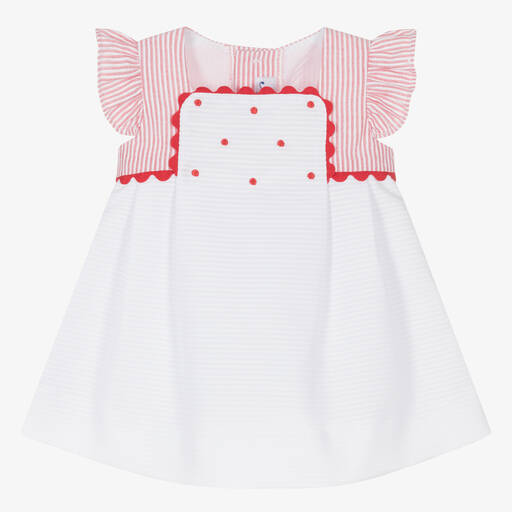 Miranda-Baby Girls White & Red Stripe Cotton Dress  | Childrensalon