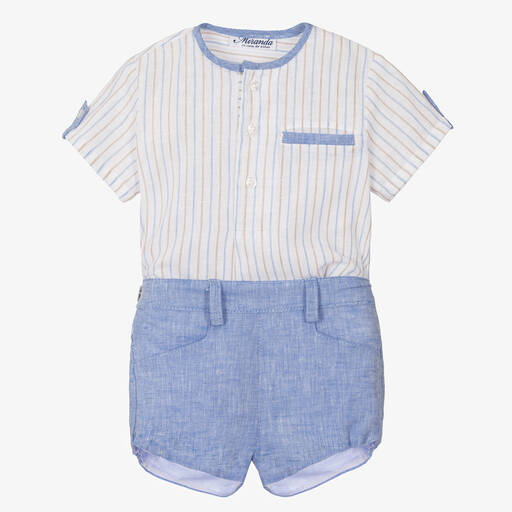 Miranda-Boys Blue Striped Linen Shorts Set | Childrensalon