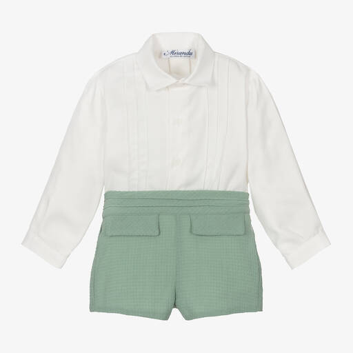 Miranda-Boys Green & Ivory Cotton Shorts Set | Childrensalon