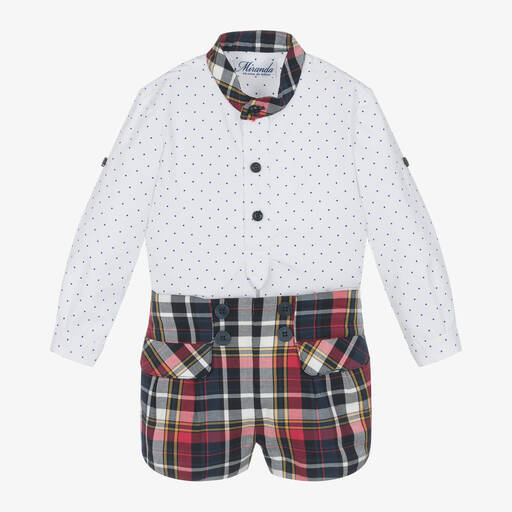 Miranda-Boys Navy Blue Tartan Cotton Shorts Set | Childrensalon