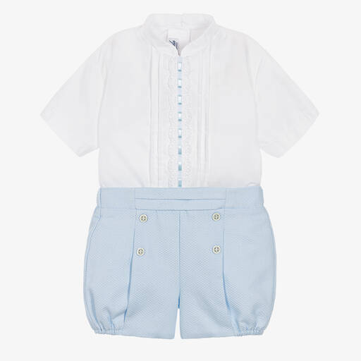 Miranda-Boys White & Blue Cotton Shorts Set | Childrensalon