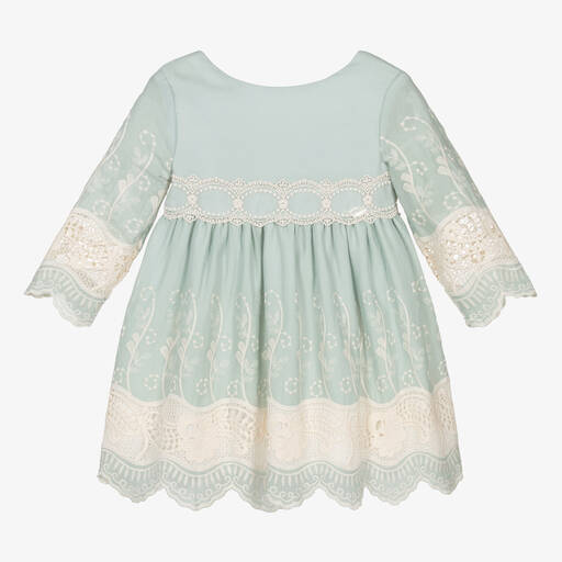 Miranda-Girls Green Cotton & Lace Dress | Childrensalon