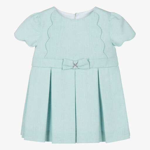 Miranda-Girls Green Cotton & Linen Bow Dress | Childrensalon