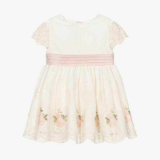 Miranda-Girls Ivory & Pink Embroidered Tulle Dress | Childrensalon