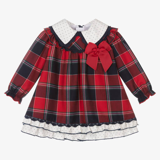 Miranda-Girls Red Tartan & Blue Lace Trim Dress  | Childrensalon