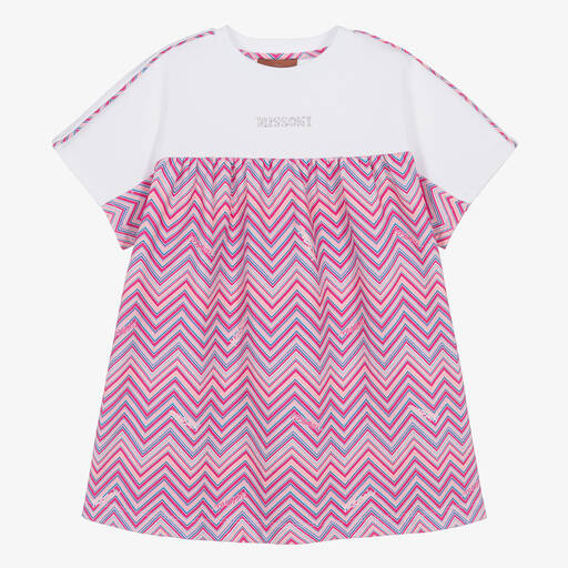 Missoni-Girls Pink & White Cotton Zigzag Dress | Childrensalon