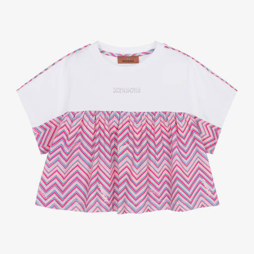 Missoni-Girls Pink & White Cotton Zigzag T-Shirt | Childrensalon